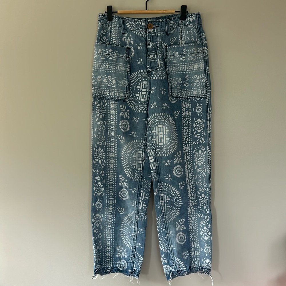 Free People Island Vibes‎ Discharge Linen Blend Trouser Sz 26